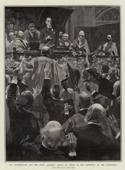 Mr Chamberlain e il discorso della città, in piedi per parlare alla reception nella Guildhall da Frank Craig